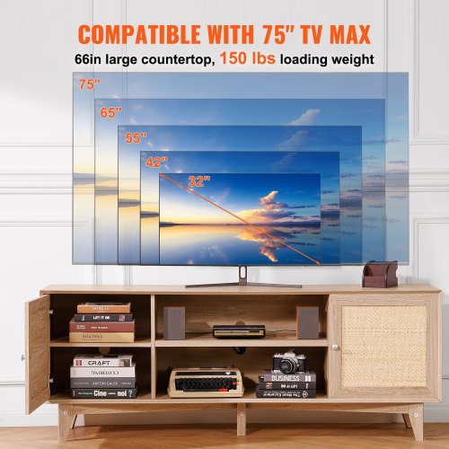 Rattan TV Stand Mid Century Modern TV Stand for 75 inch TV Boho Rattan TV