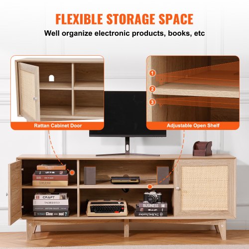 Rattan TV Stand Mid Century Modern TV Stand for 75 inch TV Boho Rattan TV