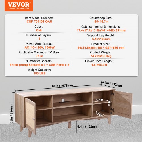 Rattan TV Stand Mid Century Modern TV Stand for 75 inch TV Boho Rattan TV