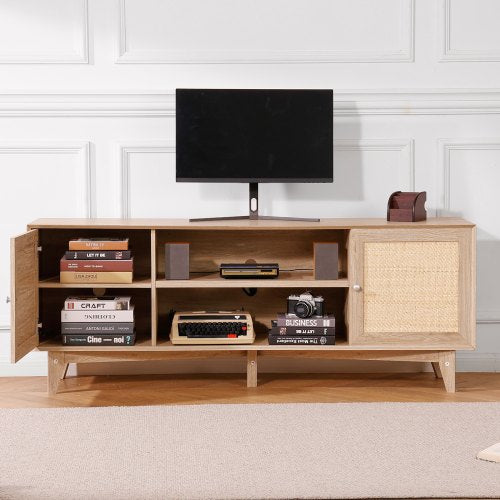 Rattan TV Stand Mid Century Modern TV Stand for 75 inch TV Boho Rattan TV