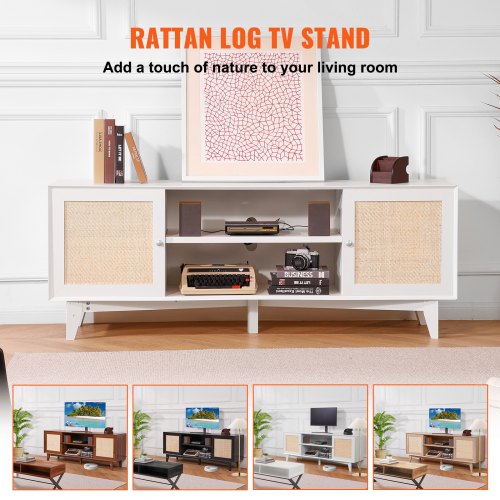 Rattan TV Stand for 75in TV Boho TV Stand with Rattan Door Entertainment