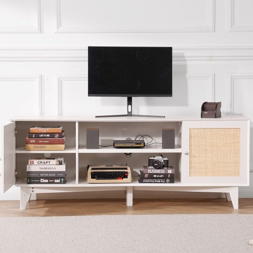 Rattan TV Stand for 75in TV Boho TV Stand with Rattan Door Entertainment