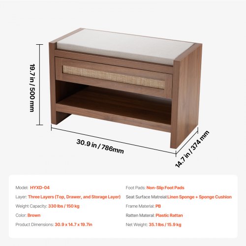 Rattan Bench 309 Rattan Shoe Bench Entryway Bench with Storage Drawer