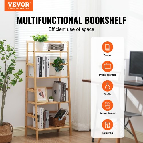 4Tier Bamboo Ladder Shelf Trapezoid Open Bookcase Display Storage Rack