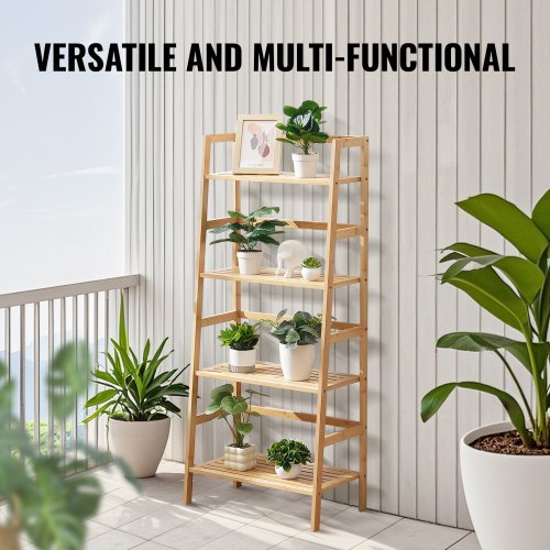 4Tier Bamboo Ladder Shelf Trapezoid Open Bookcase Display Storage Rack
