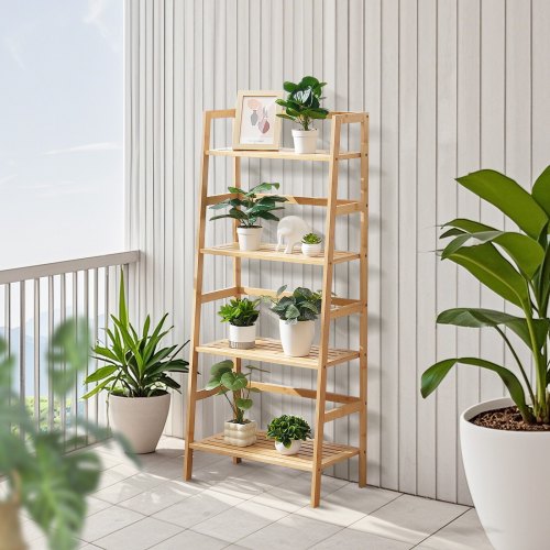 4Tier Bamboo Ladder Shelf Trapezoid Open Bookcase Display Storage Rack