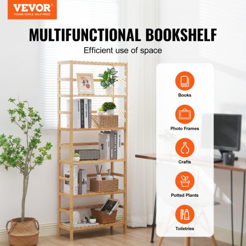 6Tier Bamboo Shelf Open Wood Bookshelf Display Storage Rack Organizer
