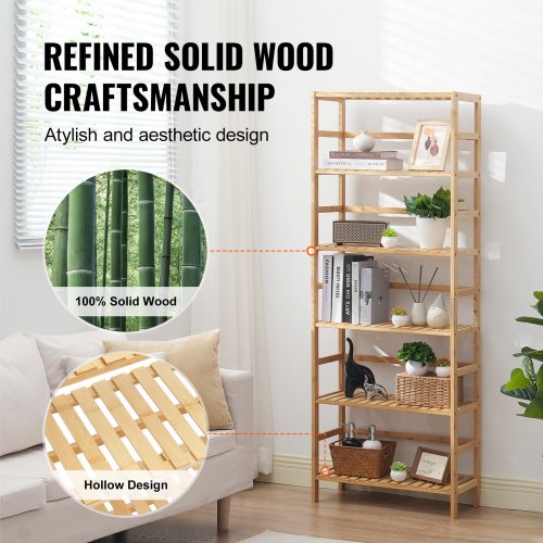 6Tier Bamboo Shelf Open Wood Bookshelf Display Storage Rack Organizer