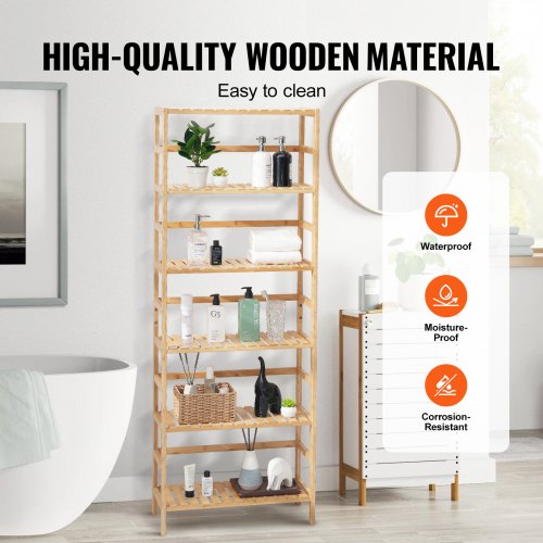 6Tier Bamboo Shelf Open Wood Bookshelf Display Storage Rack Organizer