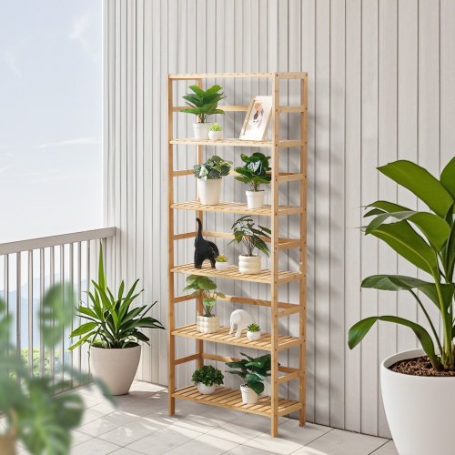 6Tier Bamboo Shelf Open Wood Bookshelf Display Storage Rack Organizer