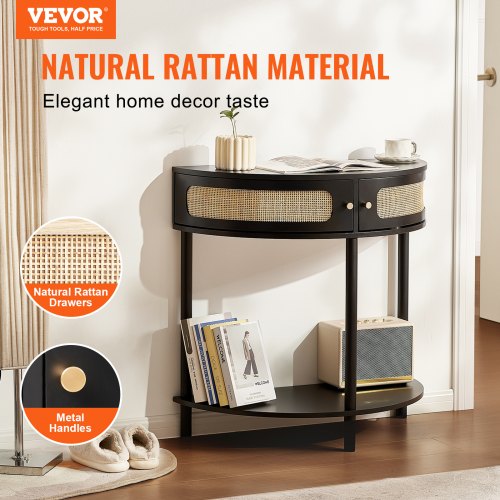 Halfmoon Rattan Console Table with 2 Drawers Rattan Entryway Table with 2