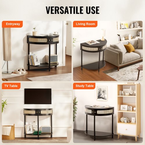 Halfmoon Rattan Console Table with 2 Drawers Rattan Entryway Table with 2