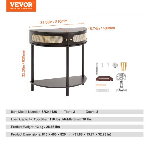 Halfmoon Rattan Console Table with 2 Drawers Rattan Entryway Table with 2