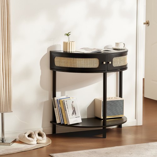 Halfmoon Rattan Console Table with 2 Drawers Rattan Entryway Table with 2