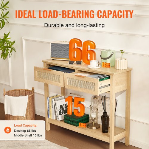 Rattan Console Table with 2 Storage Drawers Rattan Entryway Table with 2