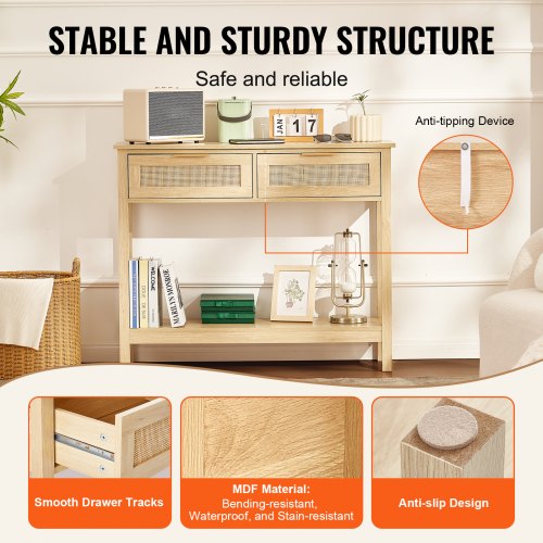 Rattan Console Table with 2 Storage Drawers Rattan Entryway Table with 2
