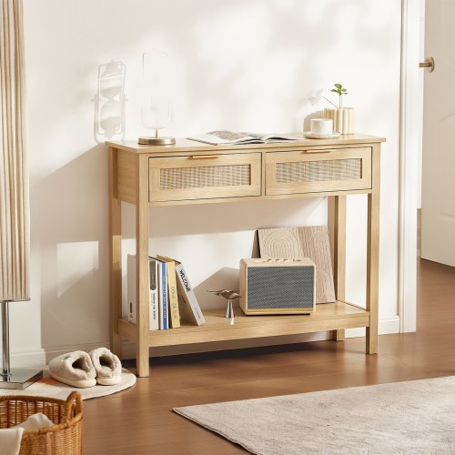 Rattan Console Table with 2 Storage Drawers Rattan Entryway Table with 2