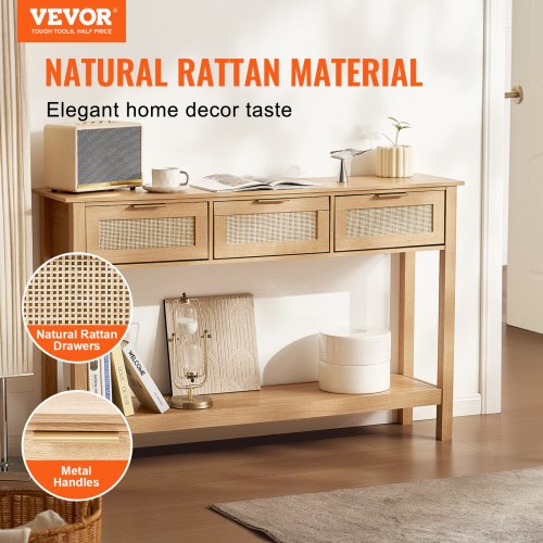 Rattan Console Table with 3 Storage Drawers Rattan Entryway Table with 3