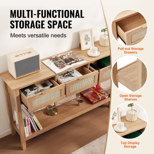 Rattan Console Table with 3 Storage Drawers Rattan Entryway Table with 3