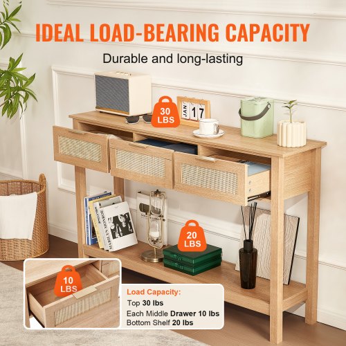 Rattan Console Table with 3 Storage Drawers Rattan Entryway Table with 3