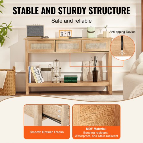 Rattan Console Table with 3 Storage Drawers Rattan Entryway Table with 3