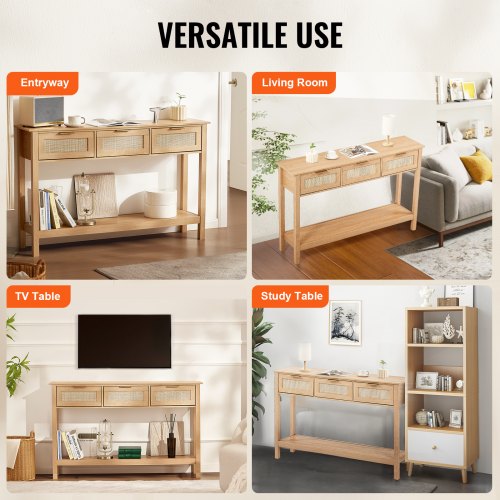 Rattan Console Table with 3 Storage Drawers Rattan Entryway Table with 3