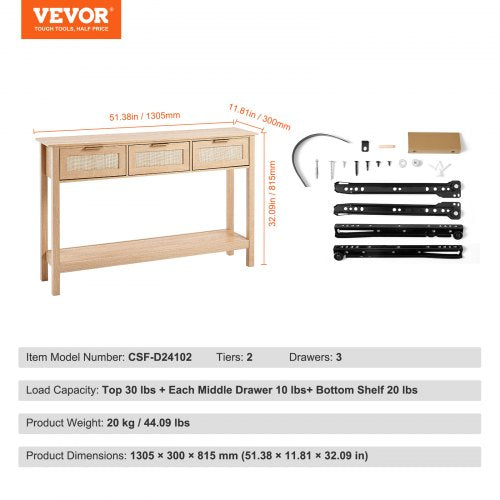 Rattan Console Table with 3 Storage Drawers Rattan Entryway Table with 3