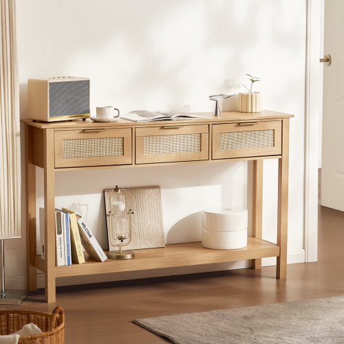 Rattan Console Table with 3 Storage Drawers Rattan Entryway Table with 3
