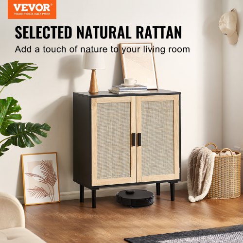 Rattan Cabinet Rattan Storage Cabinet with 2 Magnetic Doors and Adjustable