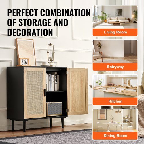 Rattan Cabinet Rattan Storage Cabinet with 2 Magnetic Doors and Adjustable