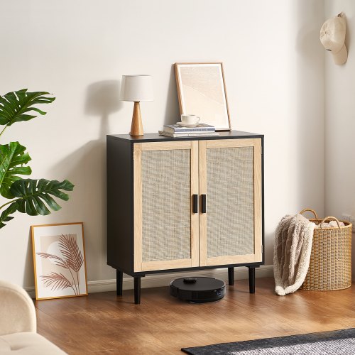 Rattan Cabinet Rattan Storage Cabinet with 2 Magnetic Doors and Adjustable