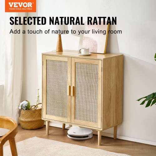 Rattan Cabinet Rattan Storage Cabinet with 2 Magnetic Doors and Adjustable
