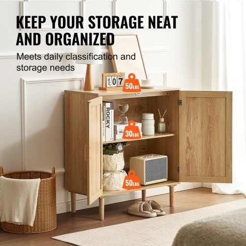Rattan Cabinet Rattan Storage Cabinet with 2 Magnetic Doors and Adjustable