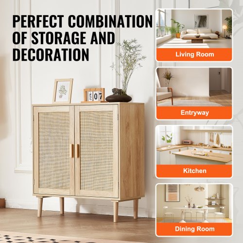 Rattan Cabinet Rattan Storage Cabinet with 2 Magnetic Doors and Adjustable