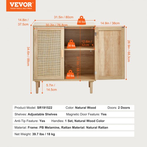 Rattan Cabinet Rattan Storage Cabinet with 2 Magnetic Doors and Adjustable