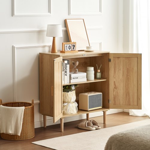 Rattan Cabinet Rattan Storage Cabinet with 2 Magnetic Doors and Adjustable