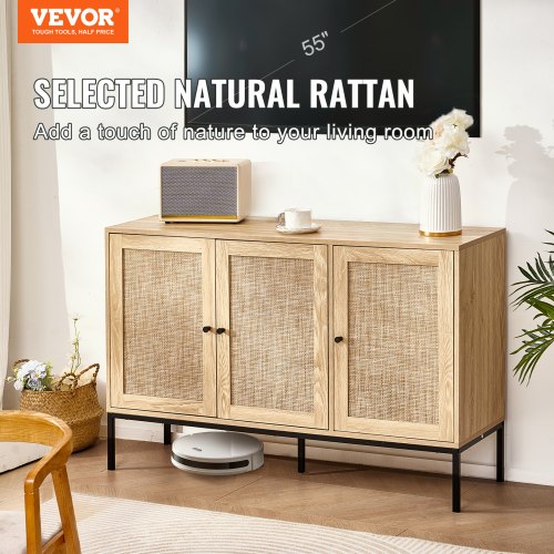 Rattan Cabinet Rattan Storage Cabinet with 3 Magnetic Doors and Adjustable