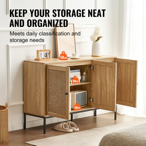 Rattan Cabinet Rattan Storage Cabinet with 3 Magnetic Doors and Adjustable
