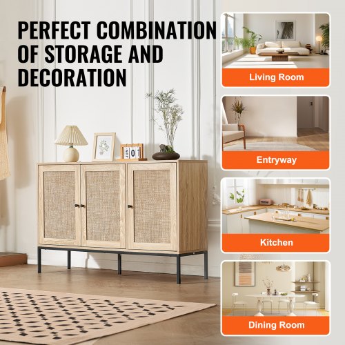 Rattan Cabinet Rattan Storage Cabinet with 3 Magnetic Doors and Adjustable