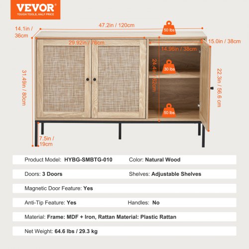 Rattan Cabinet Rattan Storage Cabinet with 3 Magnetic Doors and Adjustable