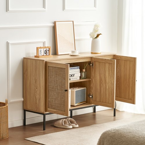 Rattan Cabinet Rattan Storage Cabinet with 3 Magnetic Doors and Adjustable