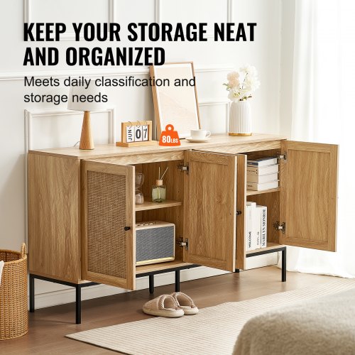 Rattan Cabinet Rattan Storage Cabinet with 4 Magnetic Doors and Adjustable