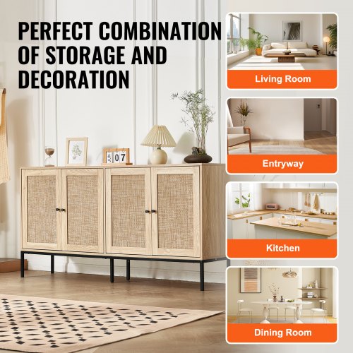 Rattan Cabinet Rattan Storage Cabinet with 4 Magnetic Doors and Adjustable