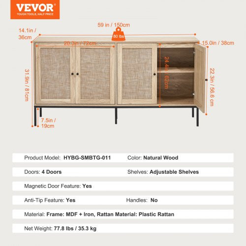 Rattan Cabinet Rattan Storage Cabinet with 4 Magnetic Doors and Adjustable