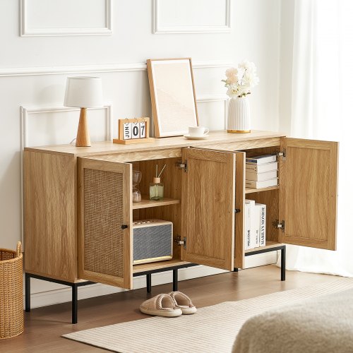 Rattan Cabinet Rattan Storage Cabinet with 4 Magnetic Doors and Adjustable