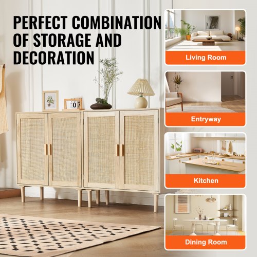 Rattan Cabinet Set of 2 Rattan Storage Cabinet with 4 Magnetic Doors