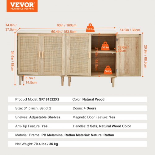 Rattan Cabinet Set of 2 Rattan Storage Cabinet with 4 Magnetic Doors