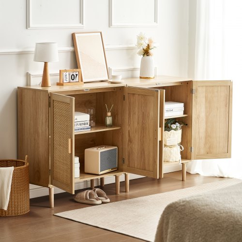 Rattan Cabinet Set of 2 Rattan Storage Cabinet with 4 Magnetic Doors