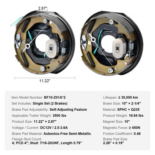 Electric Trailer Brake Assembly 10 x 225 1 Pair SelfAdjusting Electric
