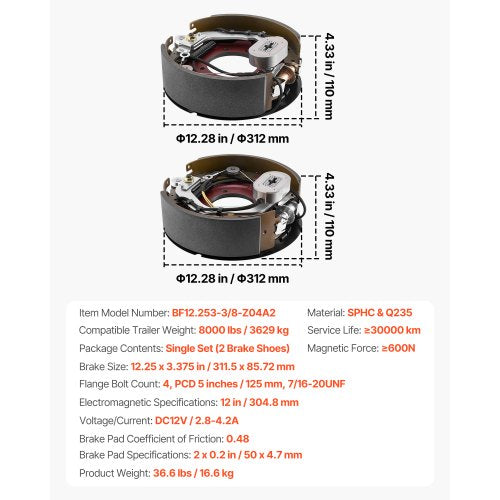 Electric Trailer Brake Kit 1225 x 3375 Inch 1 Pair SelfAdjusting